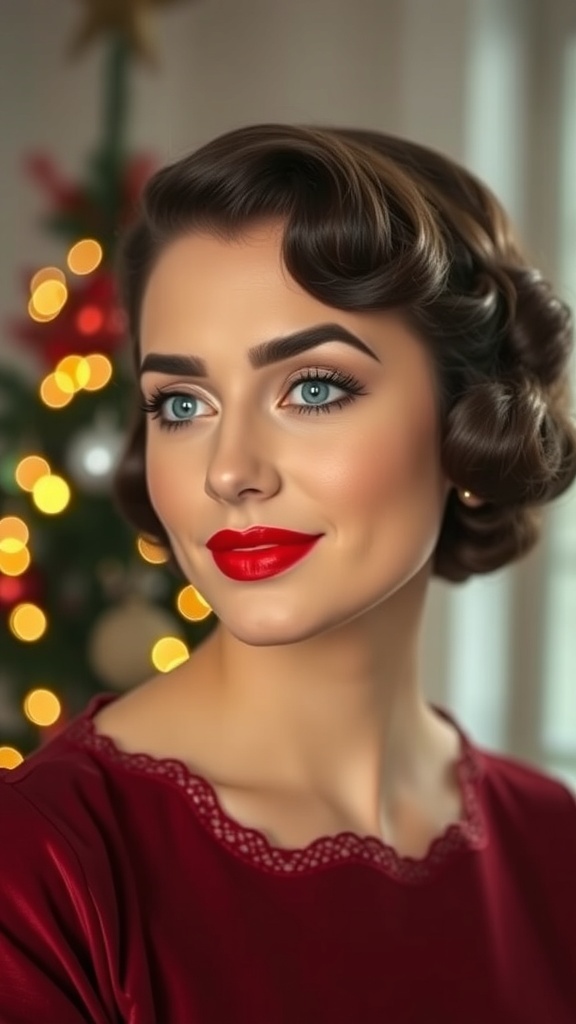 1940s vintage Christmas makeup with red lips and winged eyeliner on a model in front of a Christmas tree.